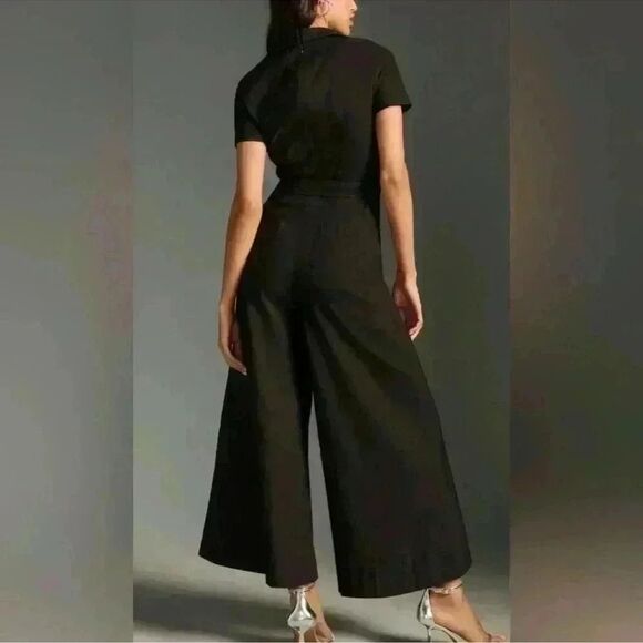 Anthropologie Maeve Colette Wrap Jumpsuit Linen Edition in Black Size 12 - Picture 3 of 13